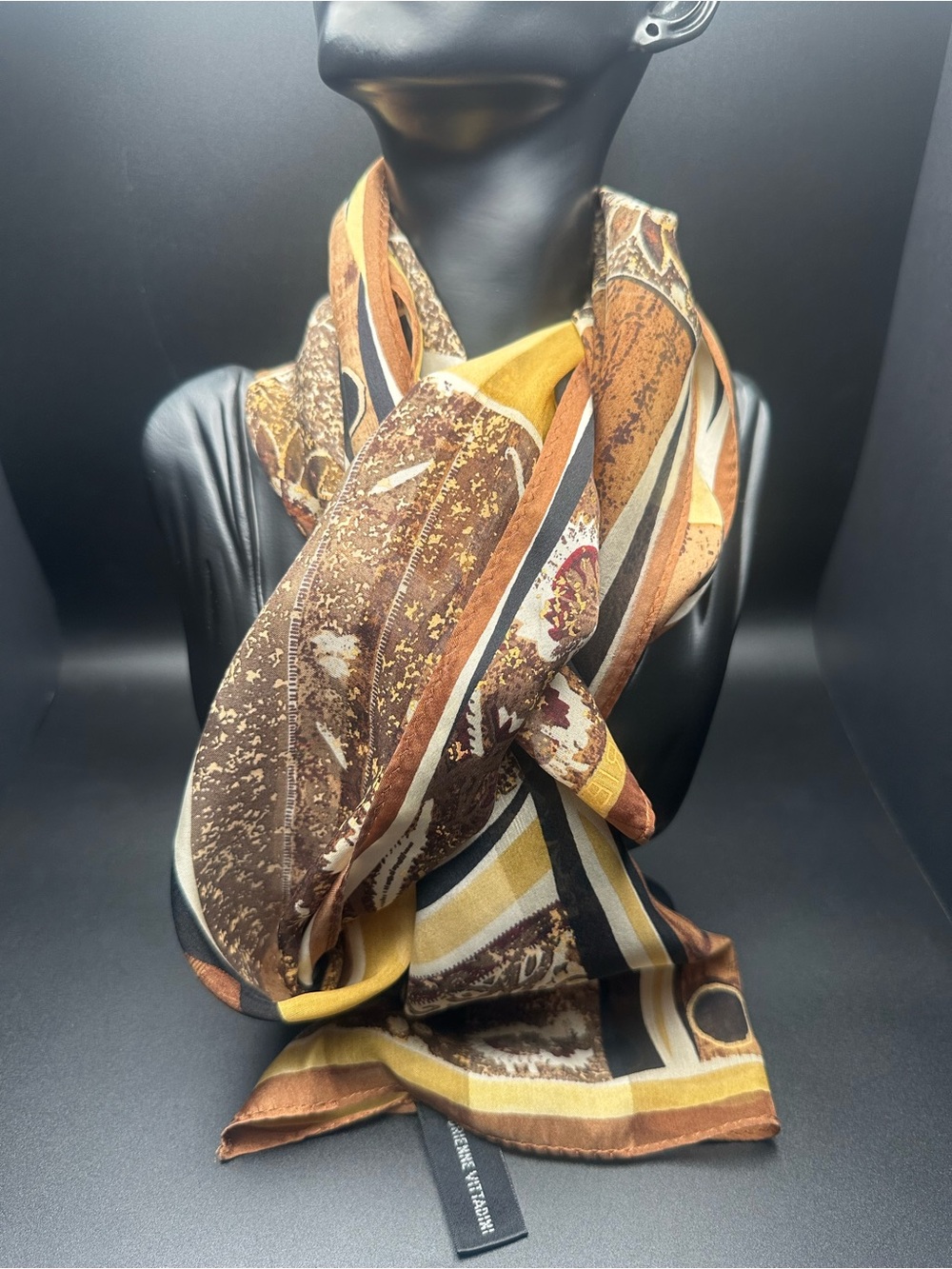 Adrienne Vittadini Silk Scarf — Patchwork Print, Brown, Gold & Black